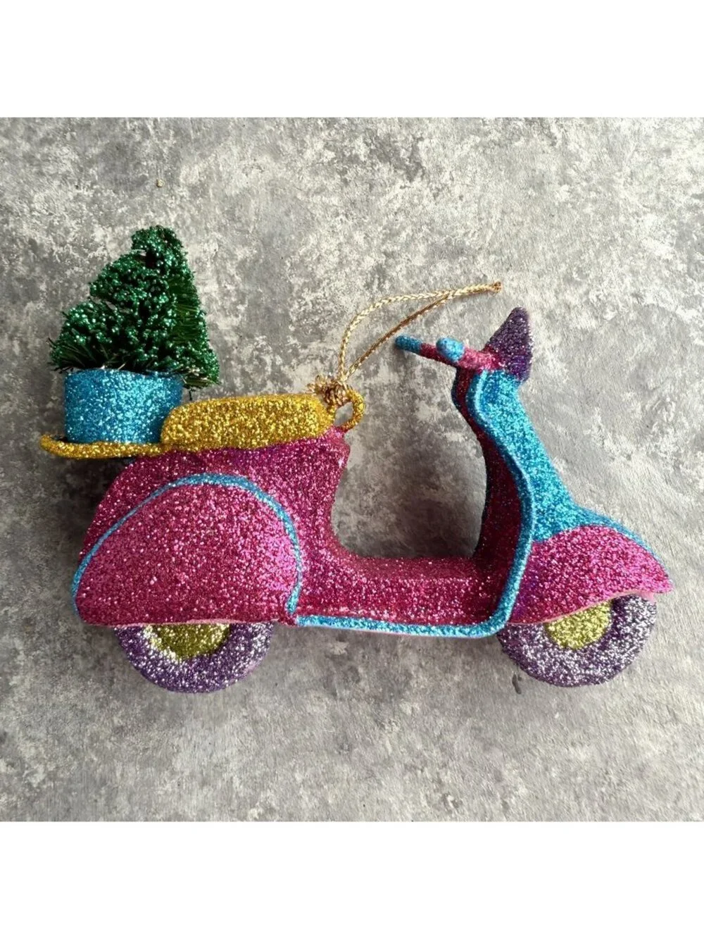 Pier 1 Vespa Scooter With Christmas Tree Hot Pink Blue Glitter Ornament